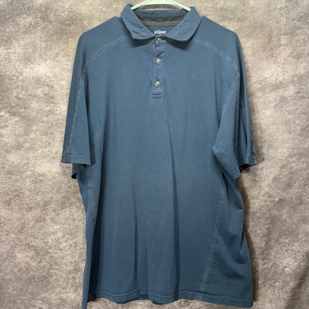 KUHL Wildfibre Mens XL Blue Organic Cotton Short Sleeve Polo Shirt Hiking Casual
